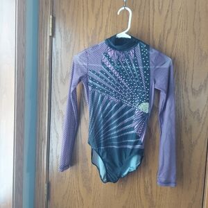 Alexandra Youth Long Sleeve Dance Leotard Purple Graphic Rhinestone Y14 Mesh